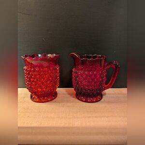 Vintage Fenton Red Hobnail Cream And Sugar
